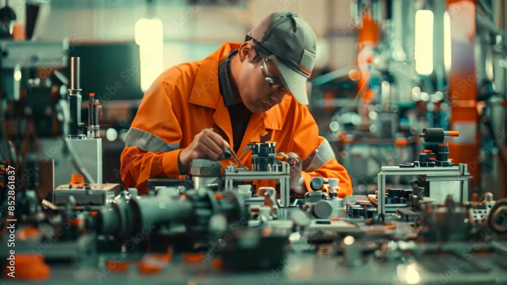 Poster a man in work attire is focused on a machine, conducting maintenance or design work in a factory set