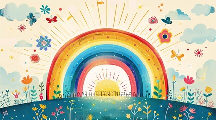 Fototapeta premium Cute and playful poster design with a rainbow and hand-drawn decorations