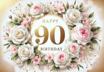 Elegant floral 90th birthday card with gold 'Happy 90 Birthday' message, white and pink roses