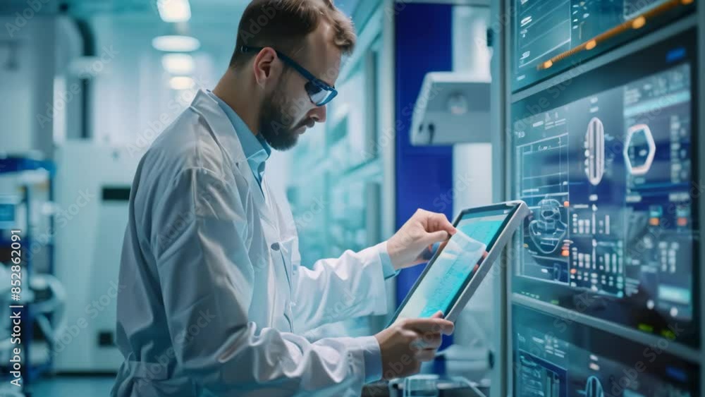 Poster a man in a lab setting is focused on studying information displayed on a computer screen, an enginee