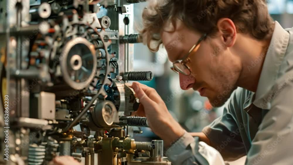 Poster a man, the engineer, is focused on meticulously assembling a complex machine in a factory setting, a