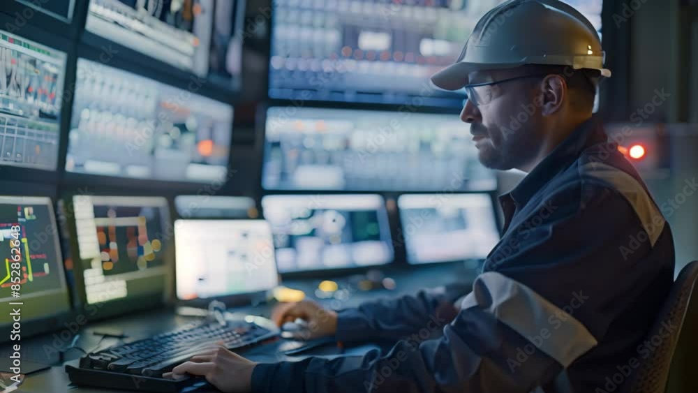 Poster man in hard hat sitting in front of computer, monitoring scada system, an engineer operator monitors