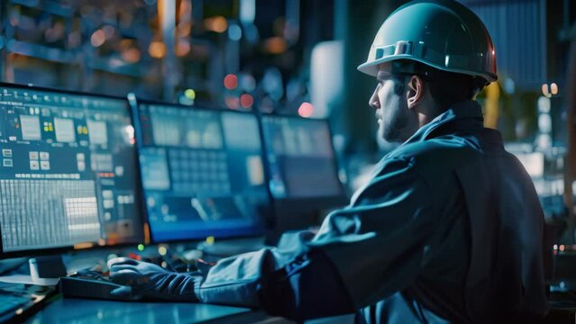 A man wearing a hard hat sits at a computer desk, monitoring a SCADA system, An engineer operator monitors a SCADA system in a control room environment