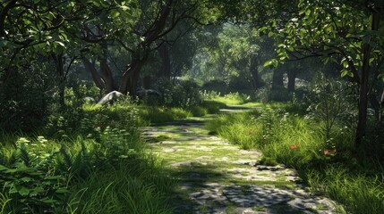 Obraz premium A sunny day in the woods with a lengthy empty grass path