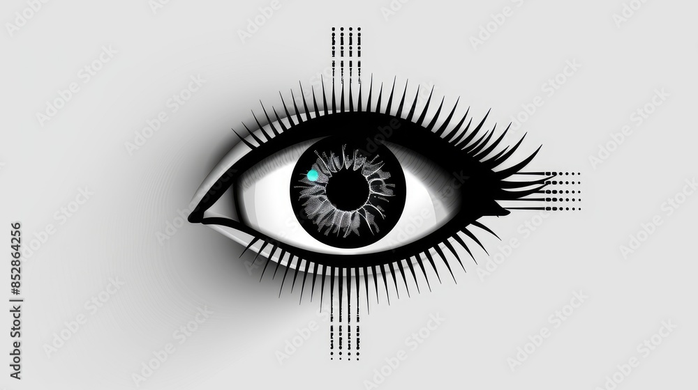 Poster icon of a black eye scan isolated on white backdrop representing the scanning of an eye for security