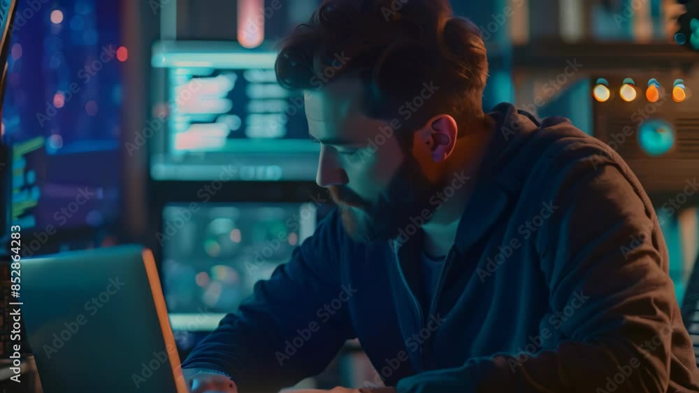 Poster A man sitting in front of a laptop computer, focused on his work, An ethical hacker helping companies secure their systems