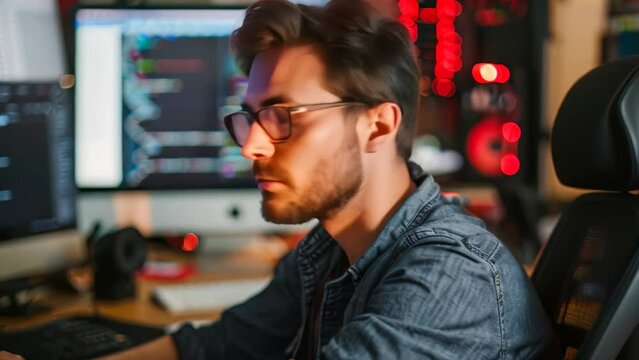 A man wearing glasses sitting in front of a computer screen, focused on his work, An ethical hacker helping companies secure their systems