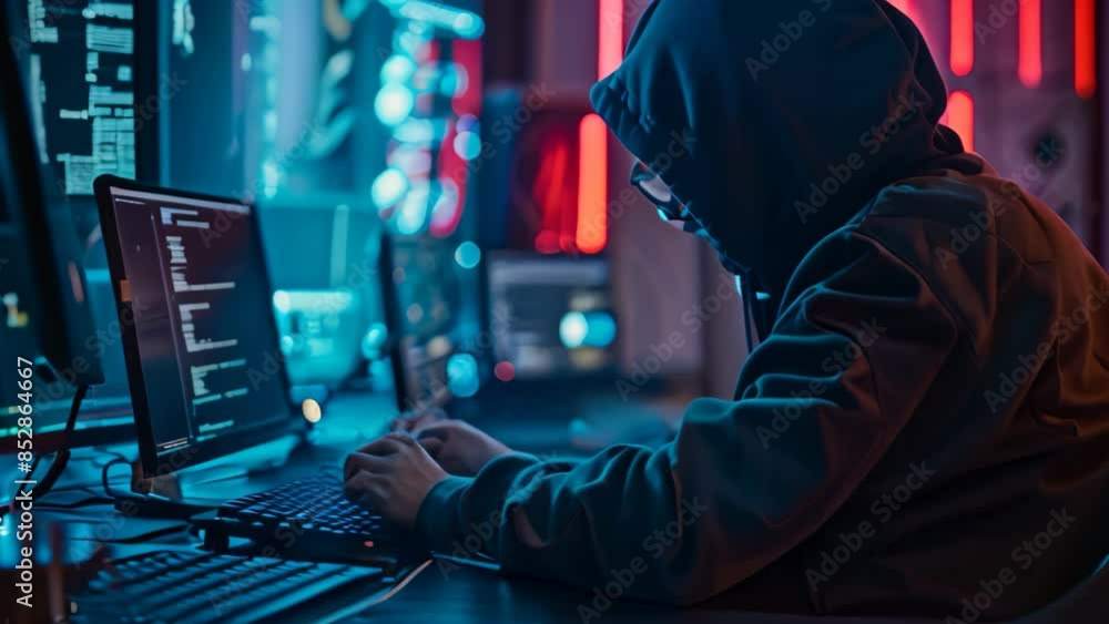 Poster a person in a hooded jacket focused on a computer screen while typing and working intently, an ethic
