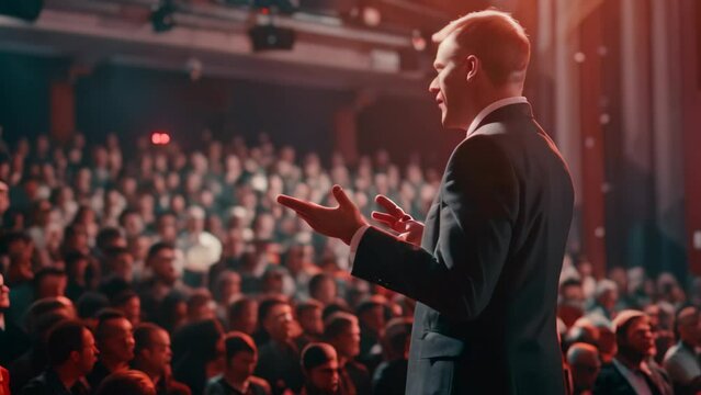 A man standing in front of a crowd, speaking and inspiring the audience, An executive manager inspiring their team with a motivational speech on success and perseverance