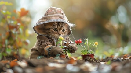 Obraz premium Persian kitten in a gardener's outfit, joyfully planting flowers