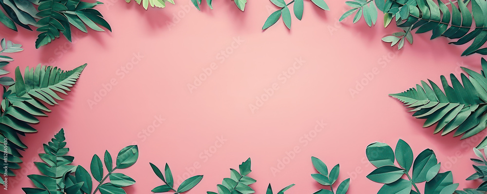 Poster aesthetic composition of greenery with pink background a harmonious blend of natural foliage arrange
