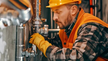 An experienced worker in a hard hat is troubleshooting and repairing a pipe at a construction site, An experienced worker troubleshooting a plumbing issue