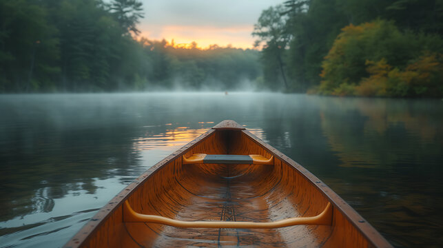 Wooden boat on a mountain lake on a cold morning