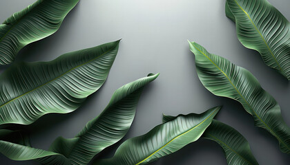 Elegant Tropical Leaf Arrangement on Minimalistic Grey Background Highlighting Natural Beauty and Tranquility Perfect for Modern Botanical Inspiration and Interior Design Concepts