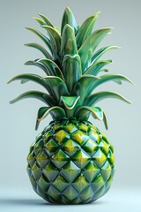 Close-up of a vibrant, green pineapple with detailed texture and leaves against a light background, showcasing natural freshness.