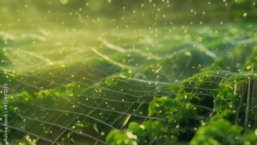 Poster a vibrant green field filled with numerous flourishing plants under the sunlight, an imaginative vis