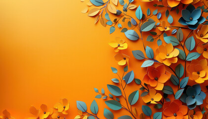 Vibrant Orange Floral Background with Blue and Orange Paper Flowers, Artistic Arrangement of Colorful Leaves and Blossoms, Perfect for Spring Decor, Invitations, and Creative Projects