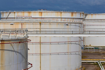 View of the new installation crude oil storage tank in the tank farm. storage tanks can be used to hold materials