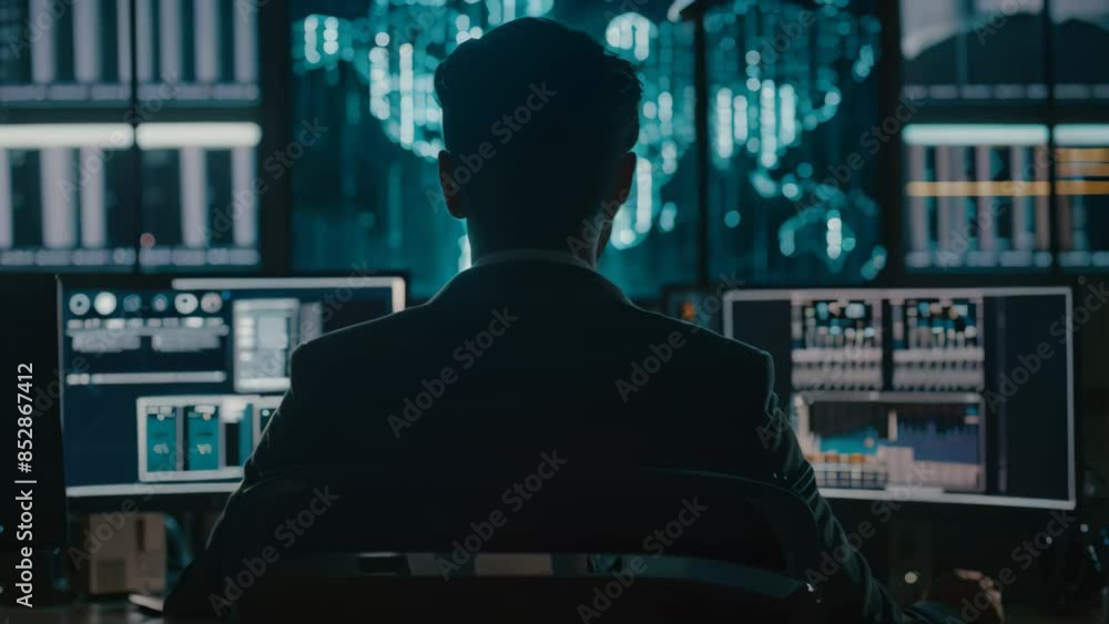 Poster an incident response manager coordinating a response in front of multiple computer monitors, an inci