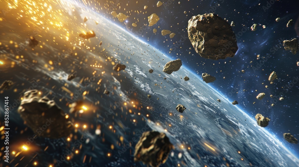 Poster large metallic asteroids from outer space hurtle towards the planet descending through its atmospher