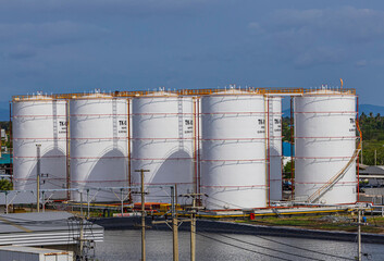 View of the new installation crude oil storage tank in the tank farm. storage tanks can be used to hold materials
