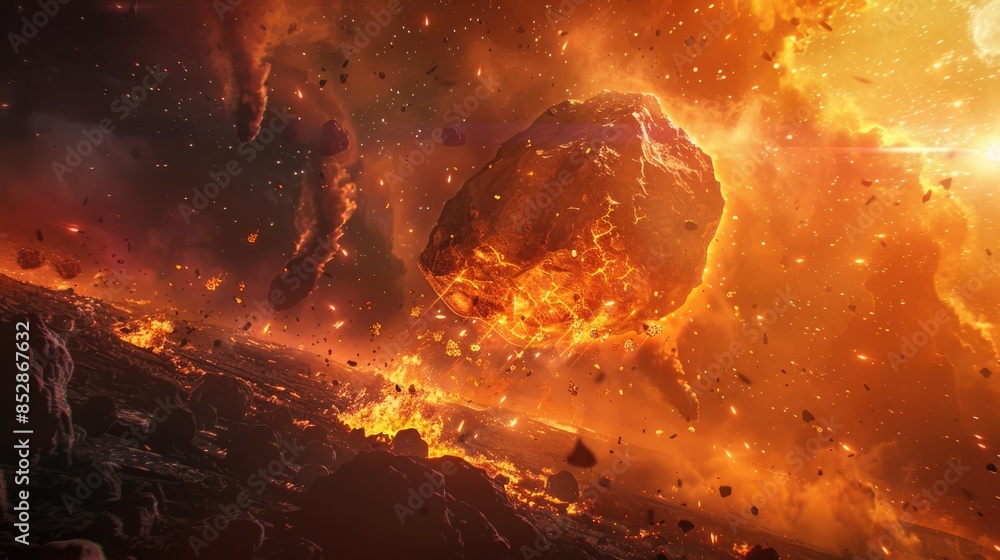 Poster in a mesmerizing sci fi setting picture a backdrop filled with burning and exploding stars a fiery h