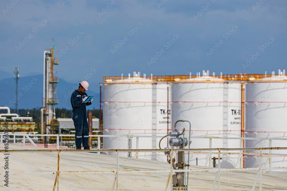 Wall mural one asian male industrial engineers use a top roof visual tank view of the new installation and crud