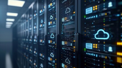 Obraz premium Server Room with Cloud Computing Icons