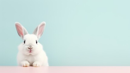 Fototapeta premium cute animal pet rabbit or bunny white color smiling and laughing isolated with copy space for easter background, rabbit, animal, pet, cute, fur, ear, mammal, background, celebration