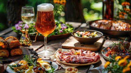 On the table you ll find a refreshing glass of beer paired with a delightful assortment of traditional Latvian bacon pastries known as piragi or piradzini surrounded by the vibrant decorati