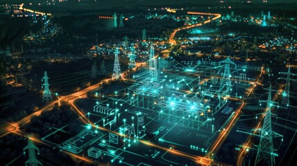 Smart grid map with realtime data overlays, energy management theme, front view, illustrating smart grid capabilities, advanced tone, analogous color scheme