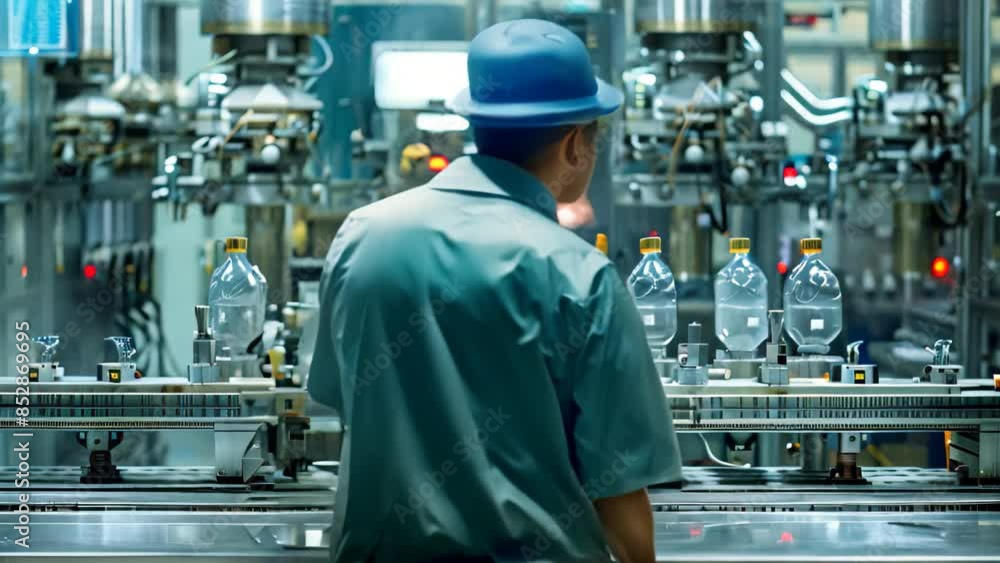 Aufkleber a man standing in front of a machine filled with bottles, monitoring operations, an industry enginee