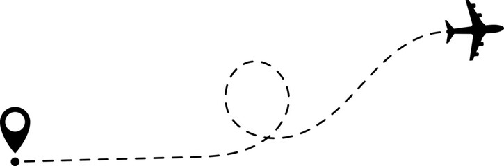 Air plane flight route with start and end point and dash line trace - Airplane line path vector icon