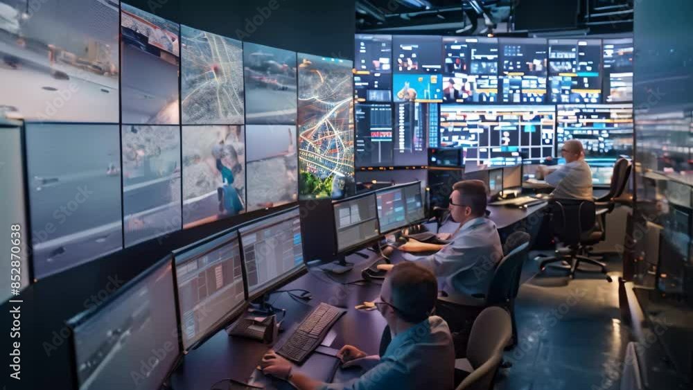 Poster a control room packed with numerous monitors showing data and visuals, an innovative control hub, in