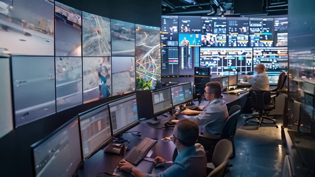 A control room packed with numerous monitors showing data and visuals, An innovative control hub, integrating AI and IoT technologies to streamline urban operations