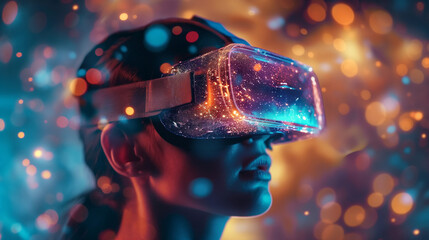 Cinematic Closeup of Holographic Augmented Reality Helmet with Digital Elements Floating in Space, Capturing Detailed Facial Expressions and Virtual Interactions for an Immersive Experience