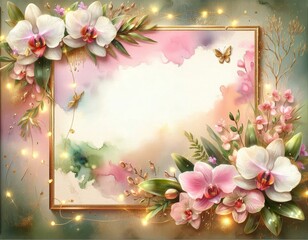Elegant floral frame: white and pink orchids, greenery, pastel watercolor with glowing fairy lights