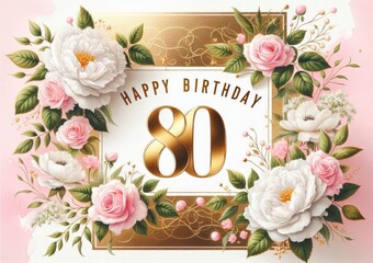 Elegant floral 80th birthday card with golden highlights and white, pink blossoms