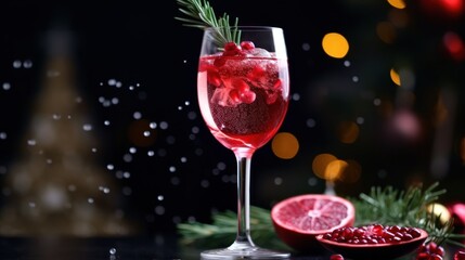 close-up of a glass filled with red juice, decorated with red berries and rosemary
