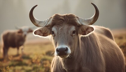 Boi no pasto olhando diretamente para a c&acirc;mera, ilumina&ccedil;&atilde;o de longa exposi&ccedil;&atilde;o, close up
