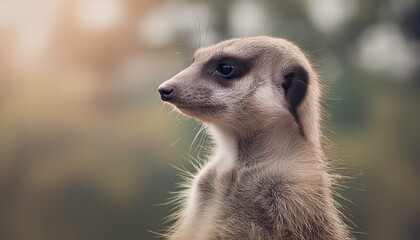 Suricate ou suricato em pé observando o ambiente ao seu redor, close up, iluminação de longa esposição