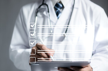 Check list concept.Medical worker with online checklist survey, filling out digital form checklist, take an assessment, questionnaire, evaluation, online survey, online exam.