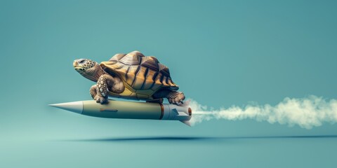 Tortoise riding missile as speed up concept. AI generative art