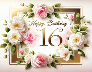 Elegant birthday card with the number 16 framed by roses and peonies.