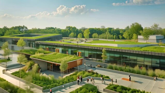 Aerial perspective of a modern building showcasing an eco-friendly green roof, An innovative school design featuring green roofs and communal outdoor spaces