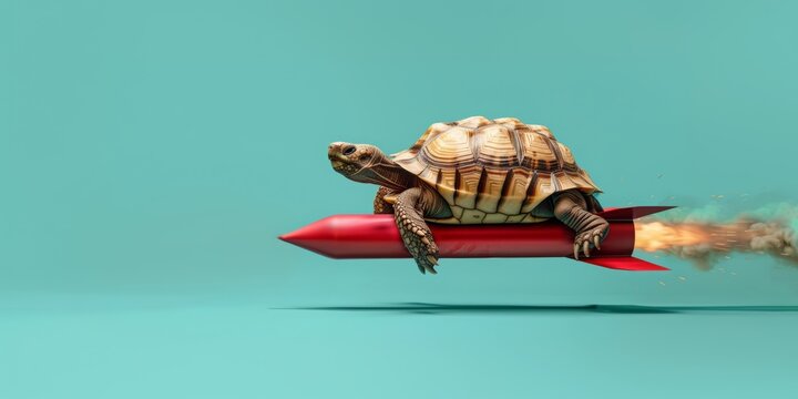 Tortoise riding rocket as speed up concept. AI generative art