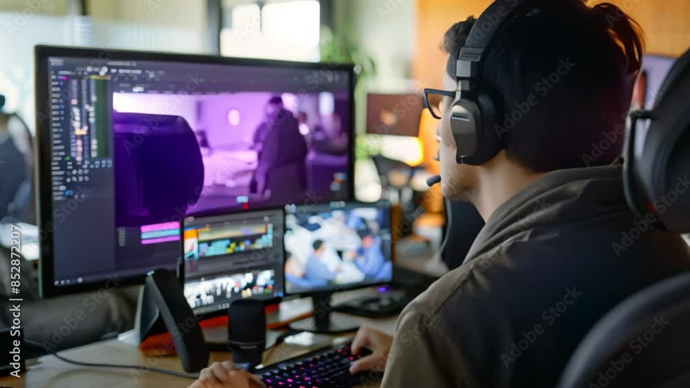 Poster a man wearing headphones sits in front of a computer, likely participating in a live lecture or vide