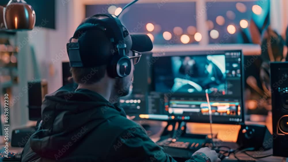 Poster a man sits at a computer wearing headphones, likely participating in a virtual lecture or meeting, a