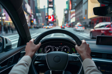 A close-up of a woman's hands on a steering wheel, driving through a busy urban city road, Captured from inside a modern car. Shallow depth of field