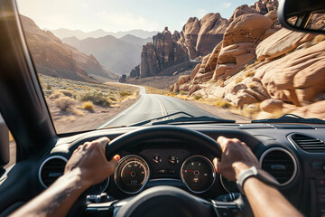 Point-of-view shot of driving through a scenic desert road with towering red rocks and mountain views, capturing the essence of adventure and exploration